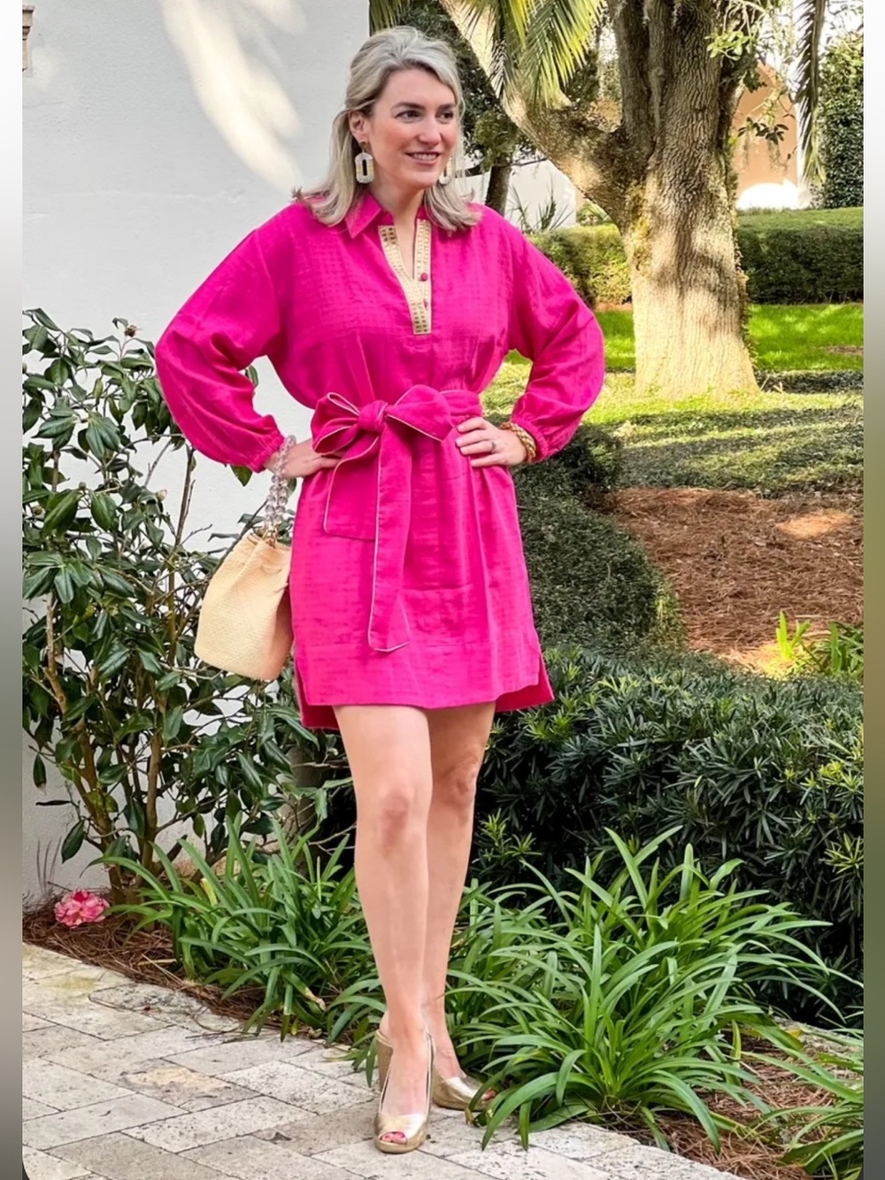 HOLLY SHAE Holly Occasion Belted Dress Hot Pink w/ Gold Neckline One Size